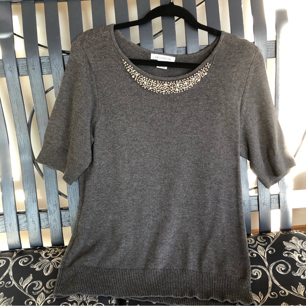 Liz Claiborne Size L short sleeve grey sweater w/ beaded neckline